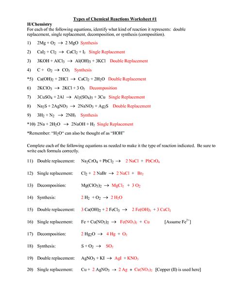 types of chemical reactions worksheet 2 answer key